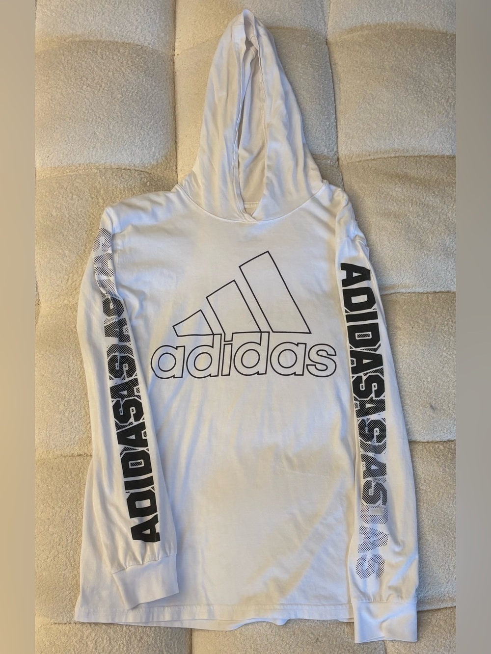 Adidas Youth L (14/16) White Long Sleeve Lightweight Hoodie Graphic Shirt